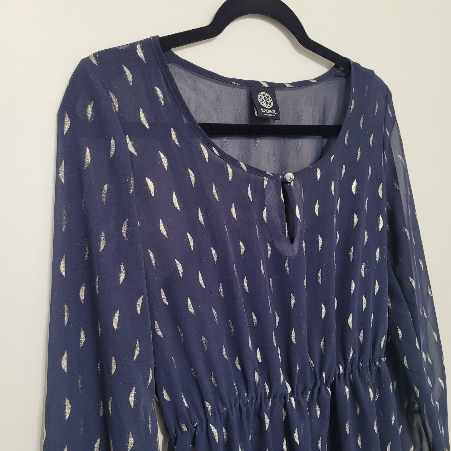 Bobeau Navy Gold Metallic Print A-Line Dress Medium Long Sleeve Boho