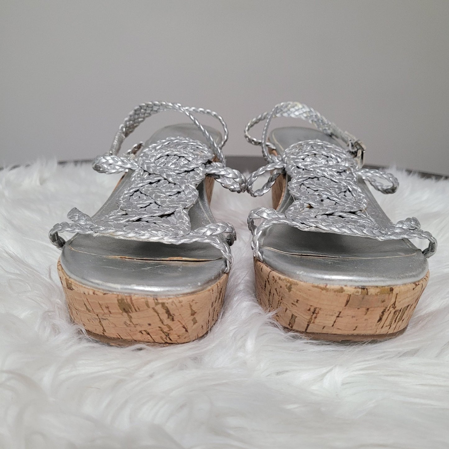 Kate Spade New York Women’s 8.5 Wedge Sandals Silver Braided Cork Heel