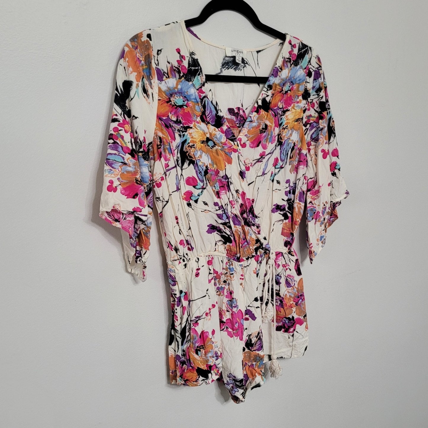 Umgee Women’s Small Floral Romper White Multicolor Boho Festival Outfit EUC