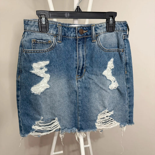 Hollister Women’s 1/W25 Distressed Denim Mini Skirt Blue Raw Hem Y2K