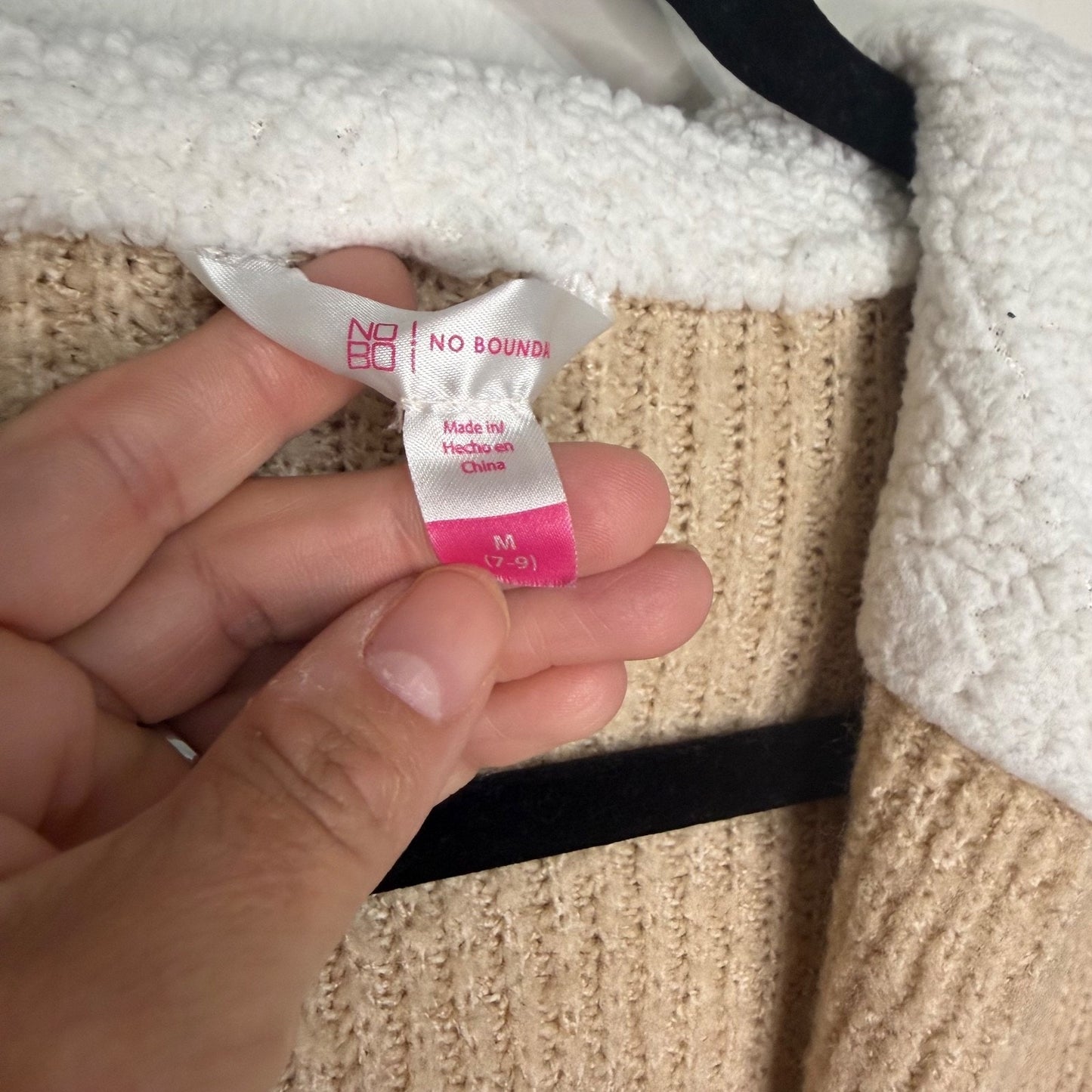 No Boundaries Juniors M Tan Knit Open Front Cardigan Sherpa Lined Hood Cozy