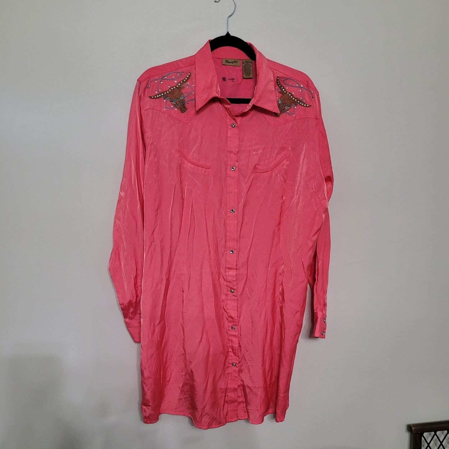 Vintage Wrangler Western Shirt Pink Embellished Longhorn Cactus Sequin Beaded