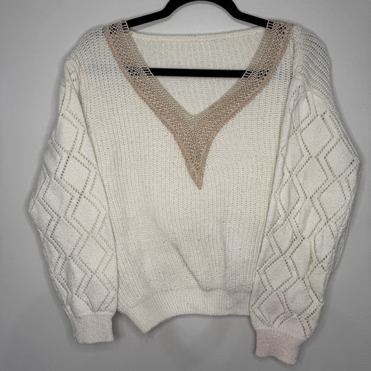 Cozy Cream Knit Womens M V-Neck Sweater Crochet Detail Cottagecore Pullover