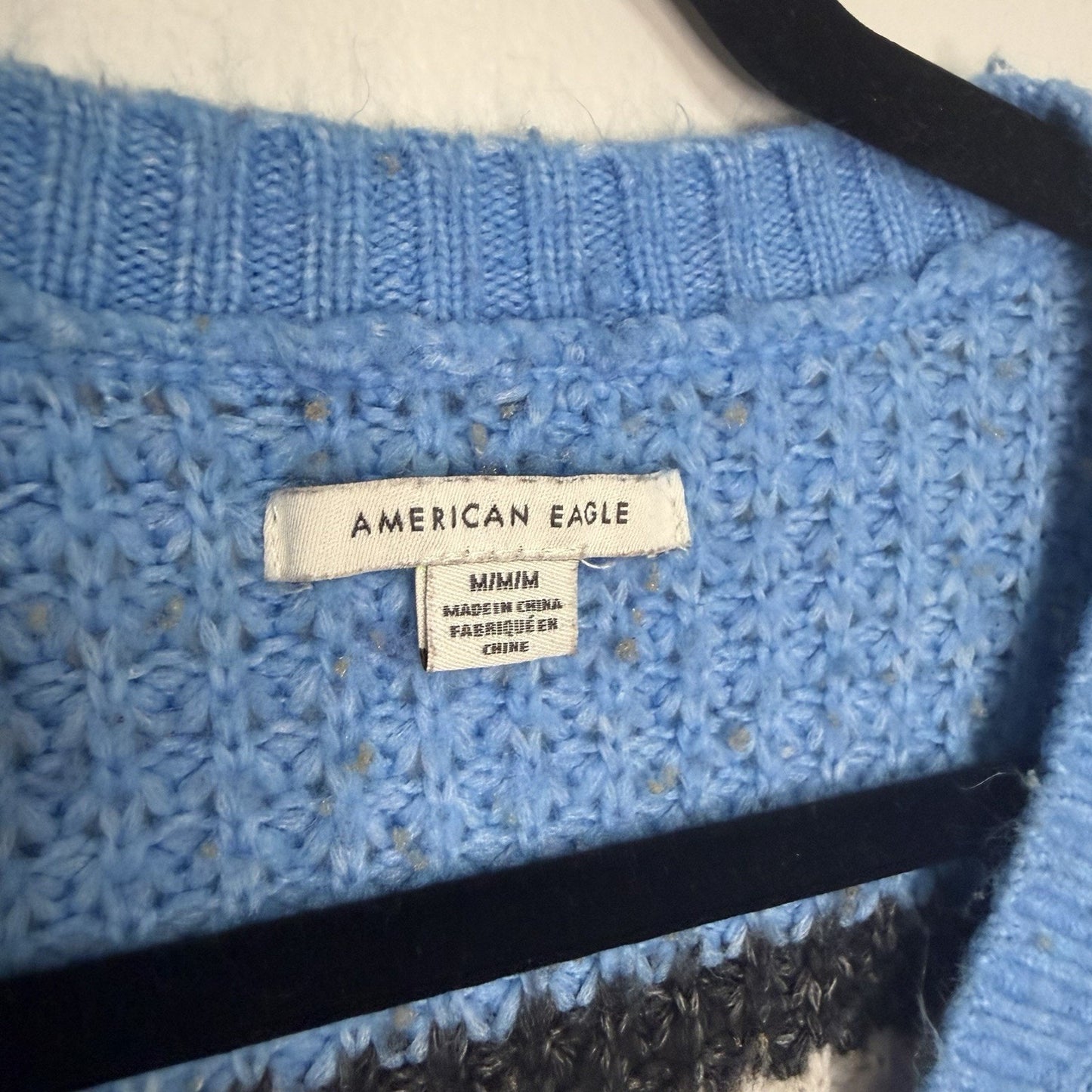 American Eagle Womens Medium Blue White Black Stripe Knit V-Neck Sweater Casual