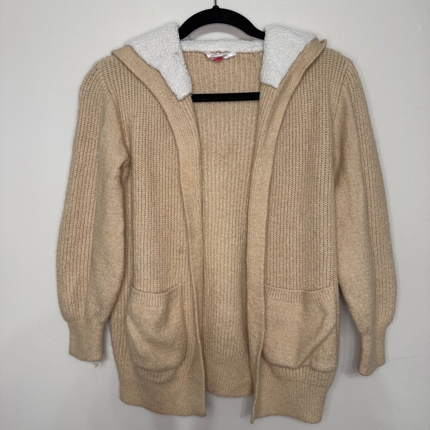 No Boundaries Juniors M Tan Knit Open Front Cardigan Sherpa Lined Hood Cozy