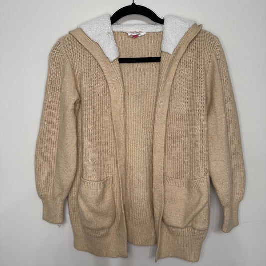 No Boundaries Juniors M Tan Knit Open Front Cardigan Sherpa Lined Hood Cozy