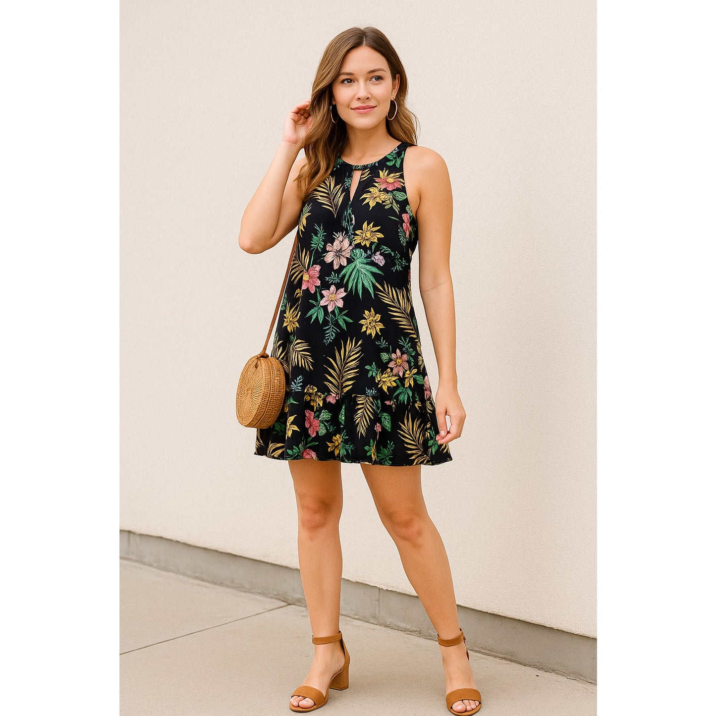 Umgee Women’s Small Black Floral Print Sleeveless Mini Dress