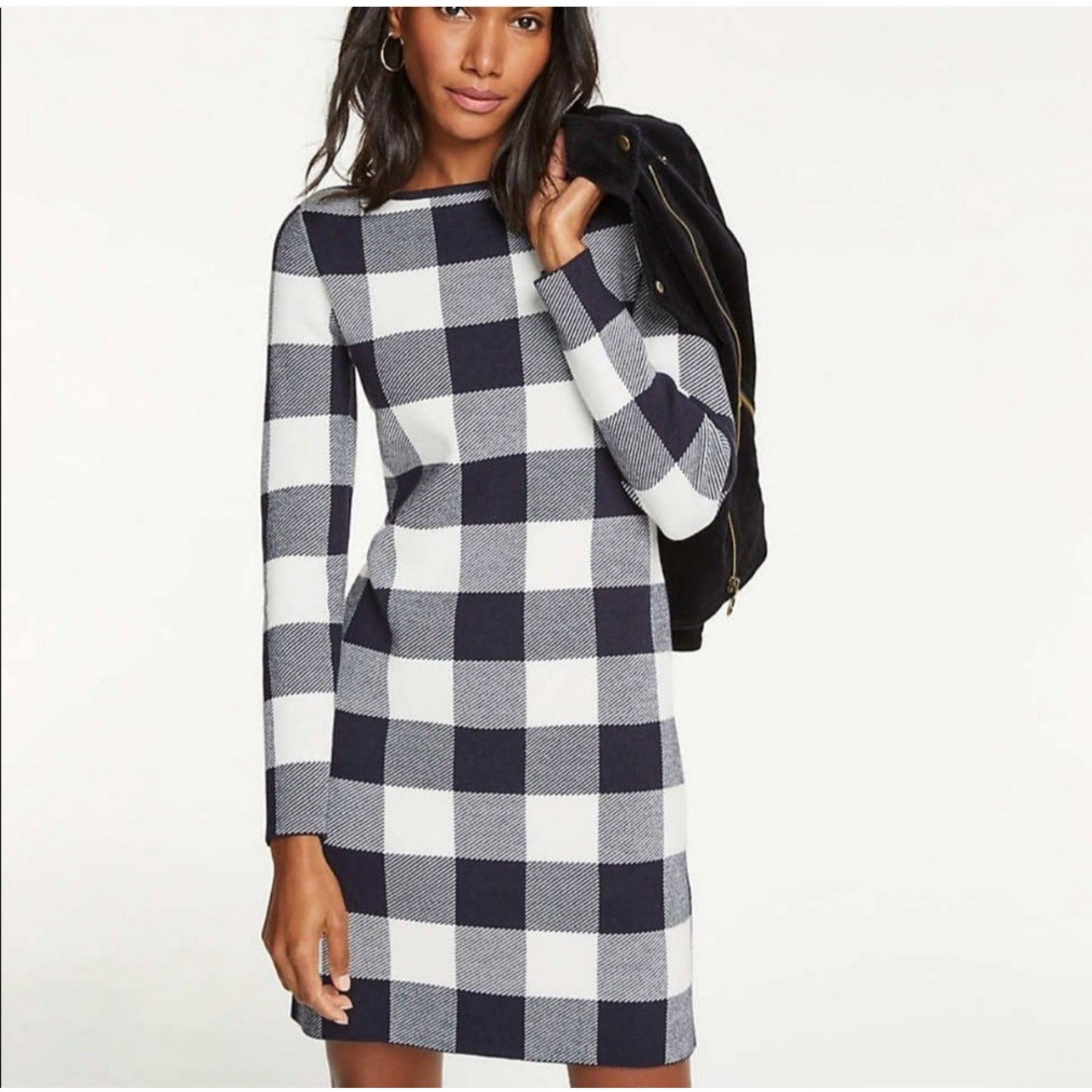 Ann Taylor Women’s XS Sweater Wool Dress Black White Buffalo Plaid Long Sleeve