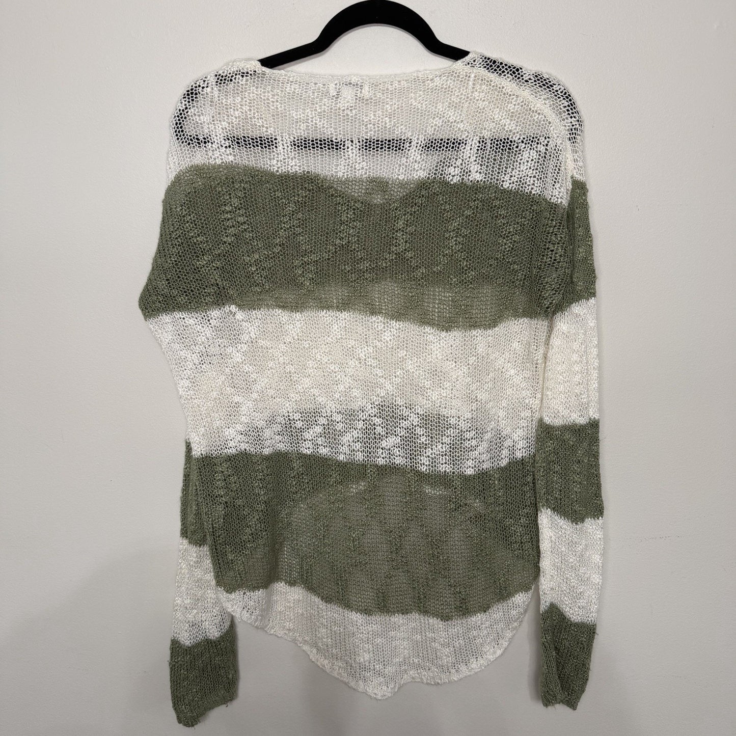 Charming Charlie Womens Medium Olive Green White Striped Open Knit Sweater