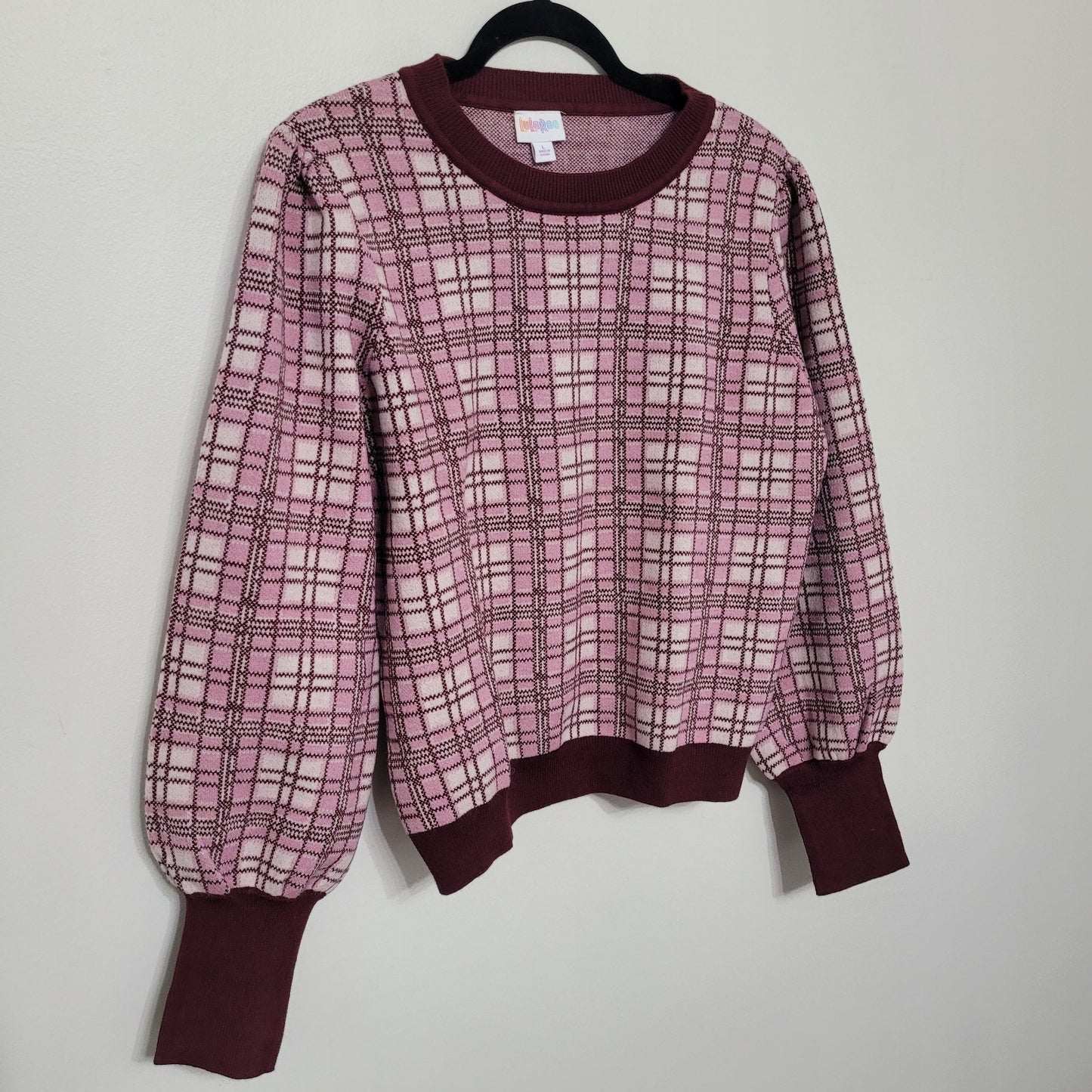 NWT LuLaRoe Women’s Large Piper Sweater Burgundy Plaid Balloon Sleeve