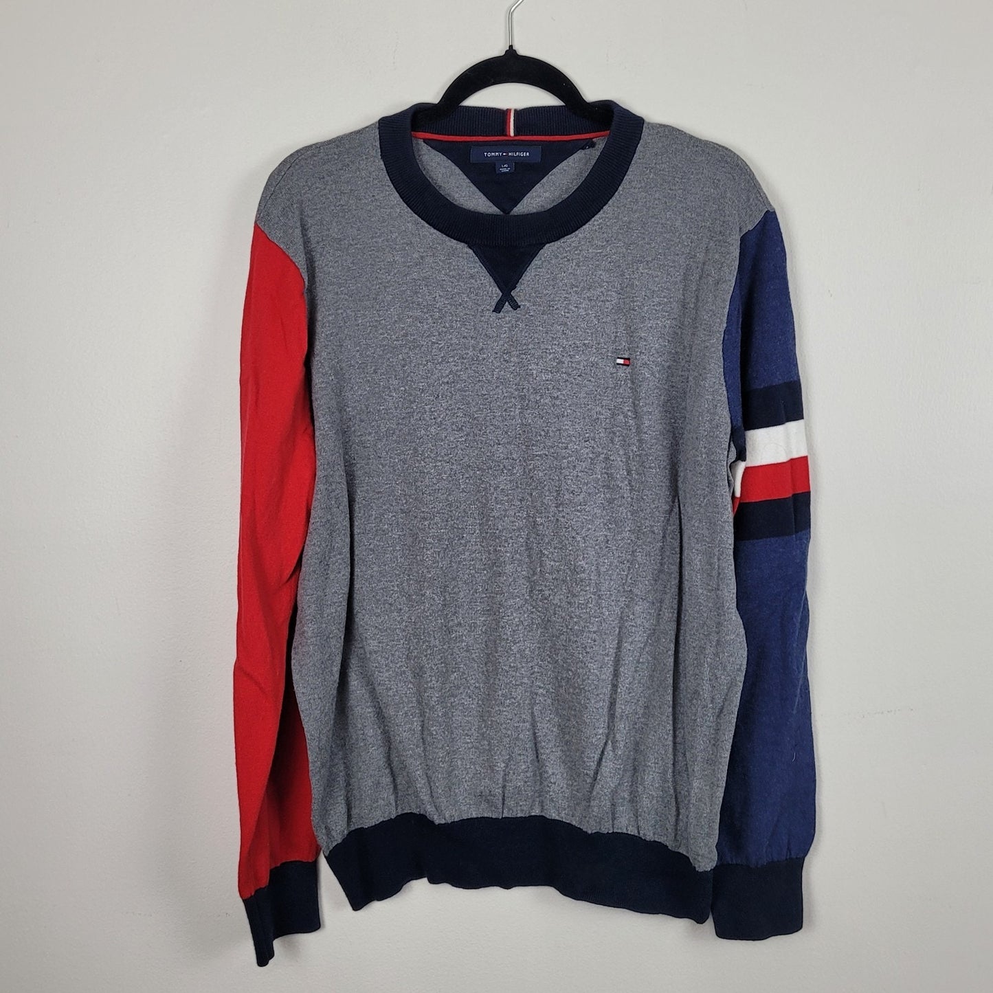 Tommy Hilfiger Mens Large Sweater Gray Blue Red White Colorblock Logo Preppy