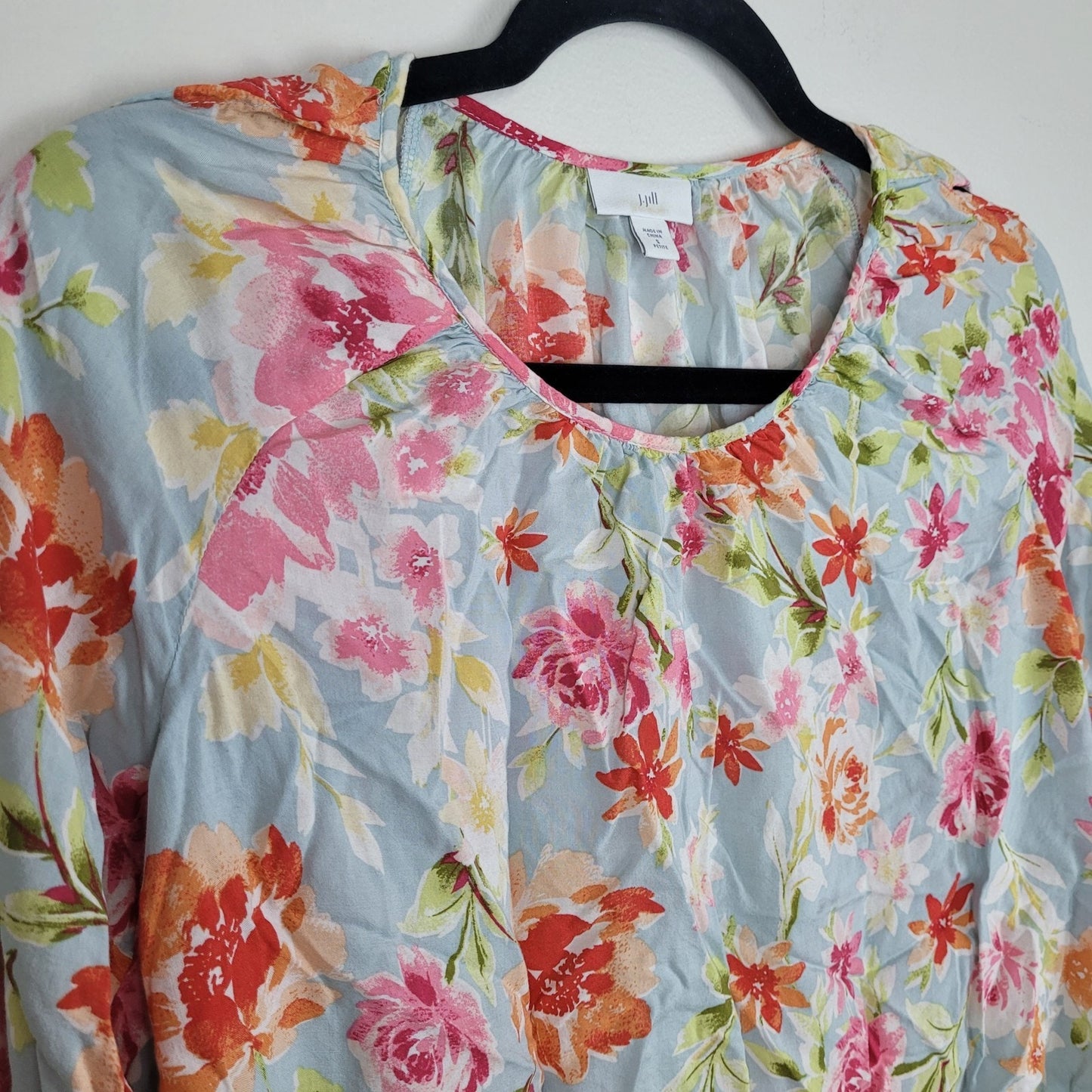 J.Jill Womens S Petite Floral Blouse Multicolor Round Neck Cold Shoulder LS
