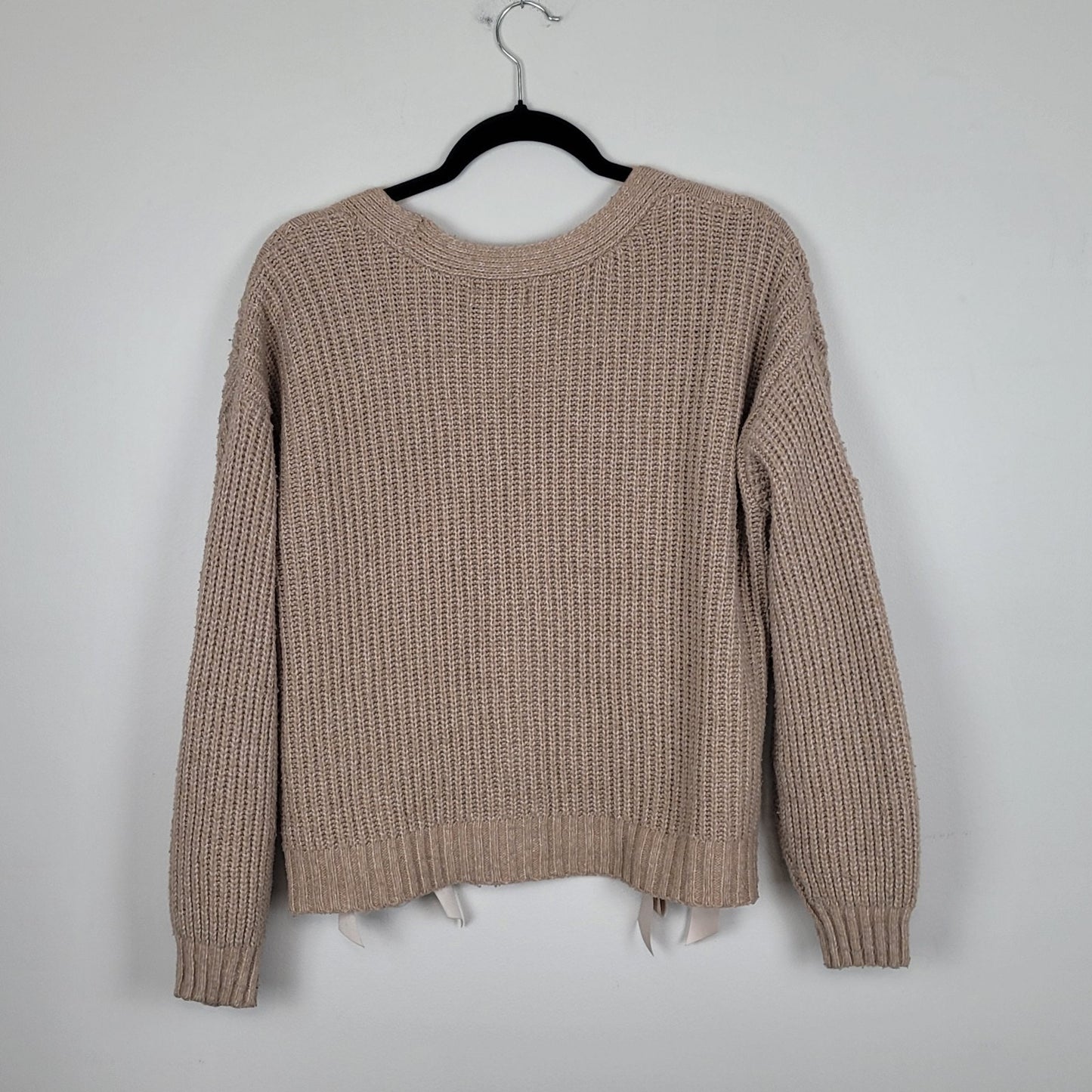 Love Knits Womens Large Tan Cardigan Sweater Ribbon Lace Up Detail Chunky Knit