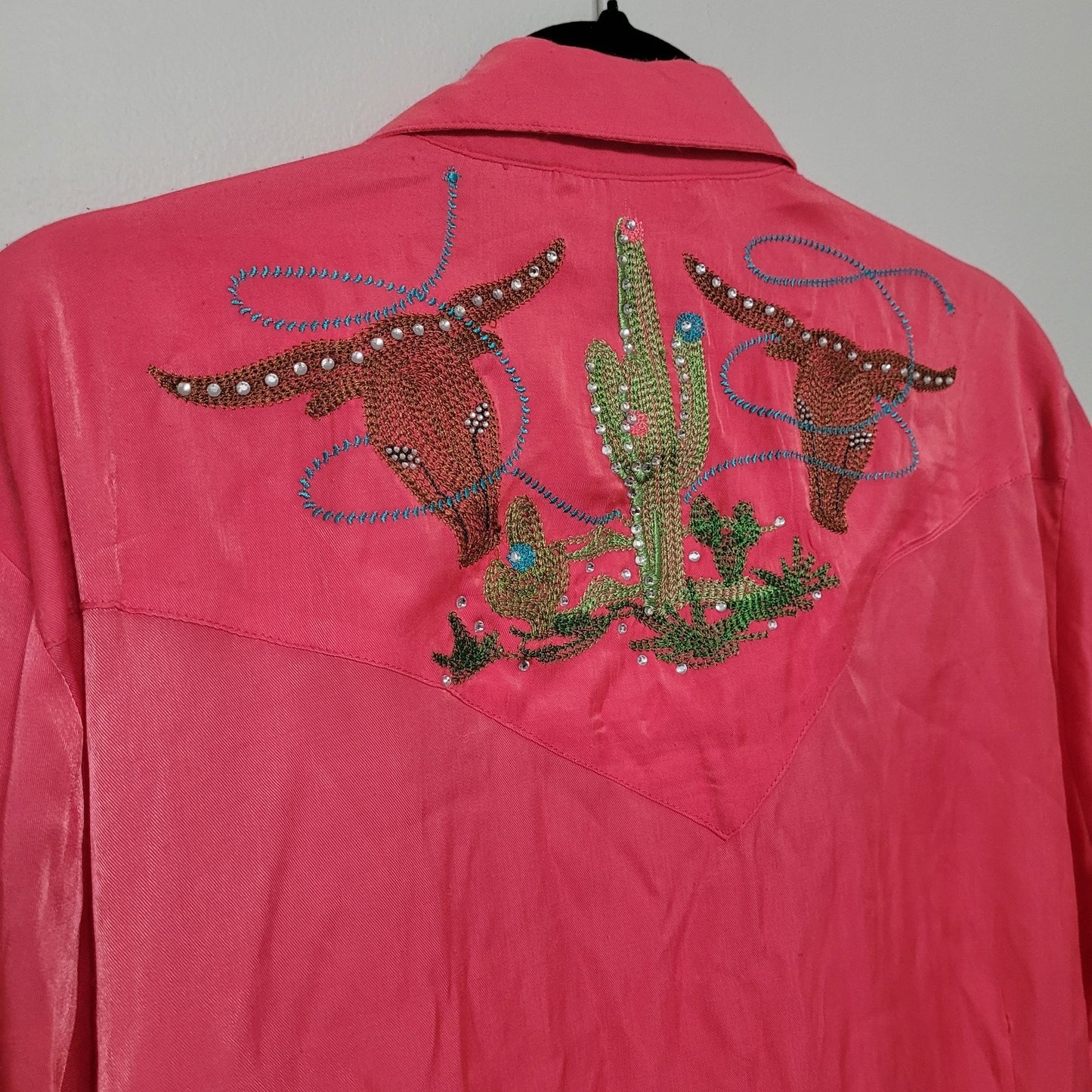 Vintage Wrangler Western Shirt Pink Embellished Longhorn Cactus Sequin Beaded
