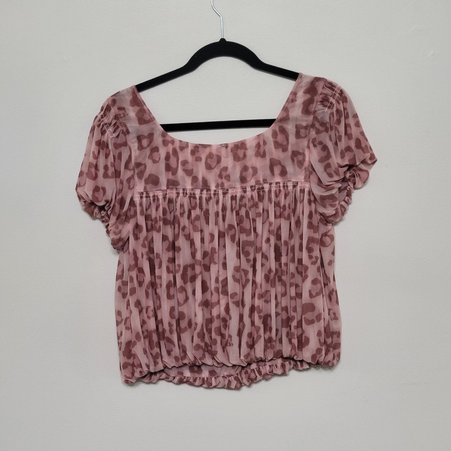 Free People Leopard Print Blouse Small Blush Pink Puff Sleeve Boho Top