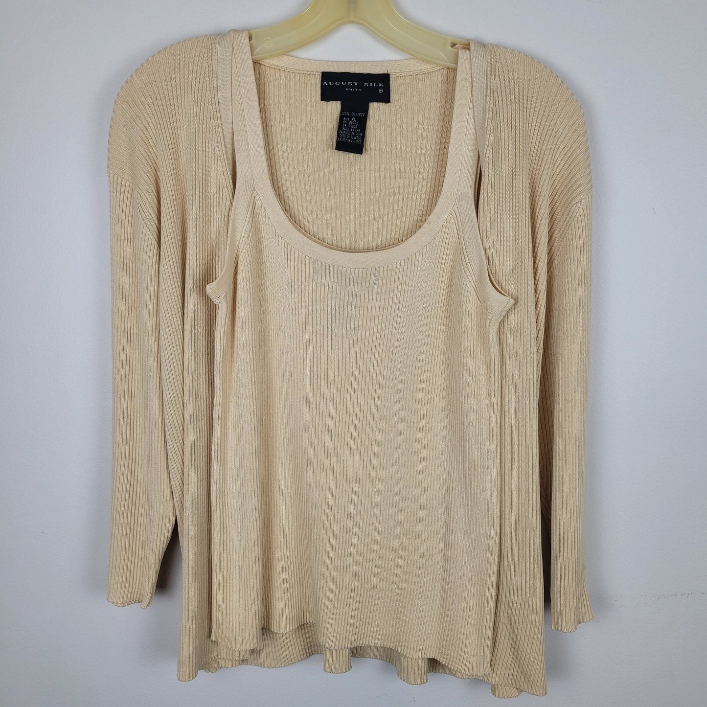 August Silk Womens XL 100% Silk Cardigan Tank Set Soft Yellow Ribbed Grandmacore