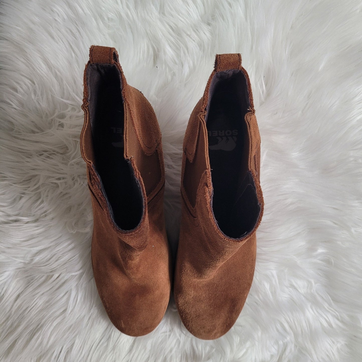 Sorel Women’s 9 Joan Uptown Wedge Booties Brown Suede Chelsea EUC 1930931