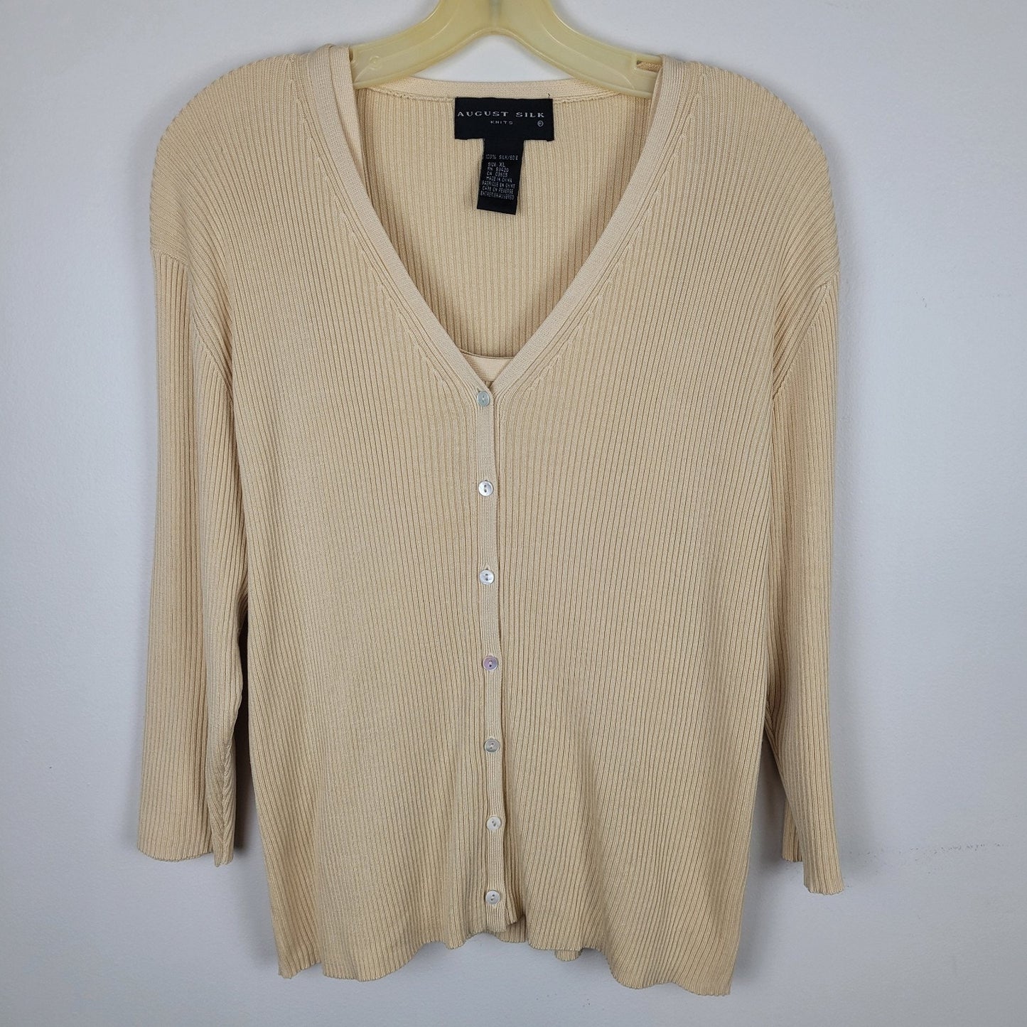 August Silk Womens XL 100% Silk Cardigan Tank Set Soft Yellow Ribbed Grandmacore