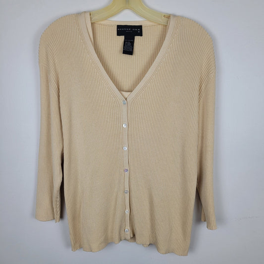 August Silk Womens XL 100% Silk Cardigan Tank Set Soft Yellow Ribbed Grandmacore