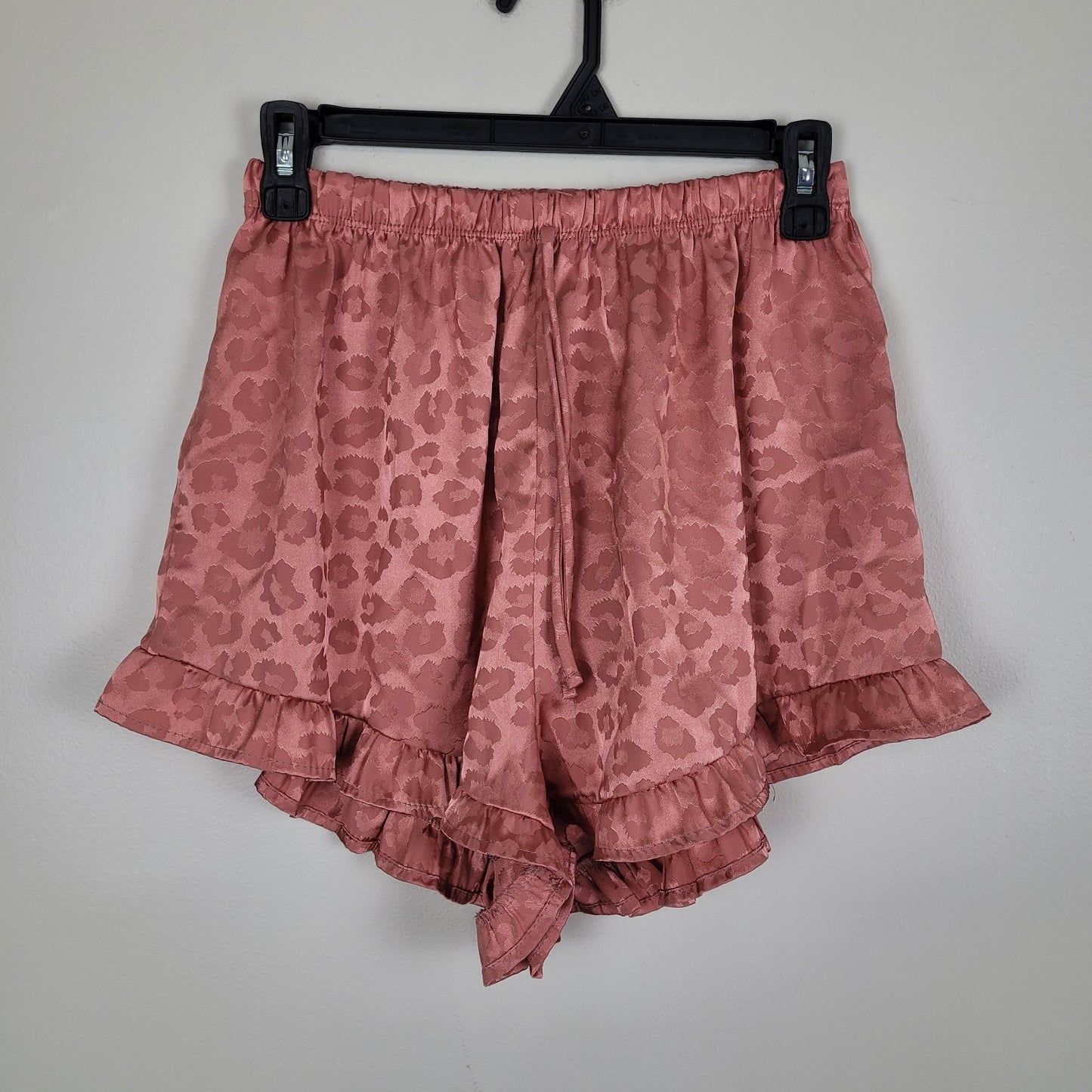 Francesca’s Womens M Leopard Print Satin Sleep Set Pink Ruffle Shorts Cami Sexy