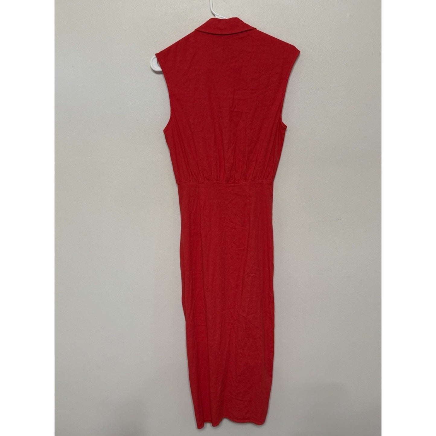 Zara Red Sleeveless Front Button Ruched Linen Blend Midi Dress Small NWT