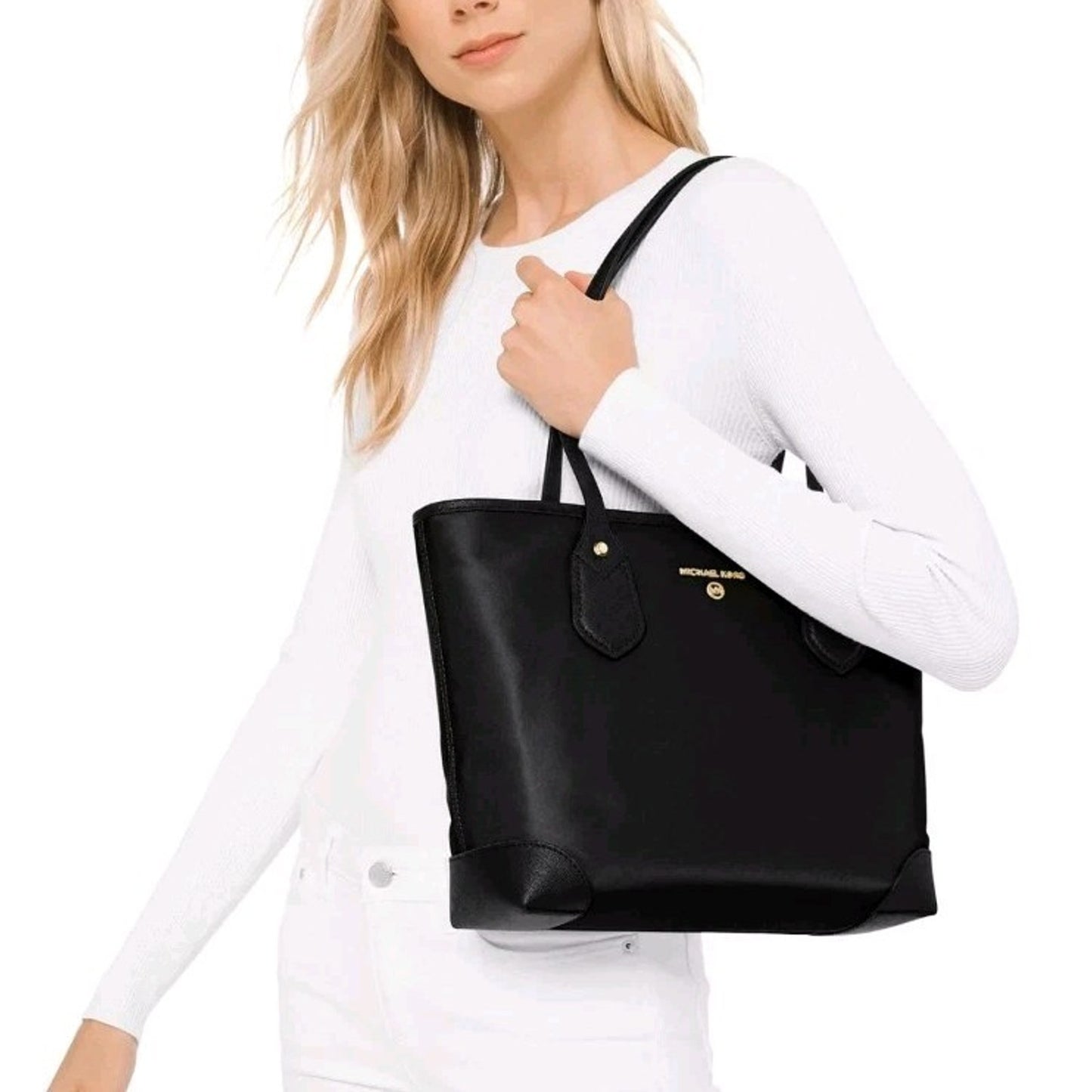 Michael Kors Eva Black Nylon Small Carryall Top Zip Tote, Shoulder Bag EUC