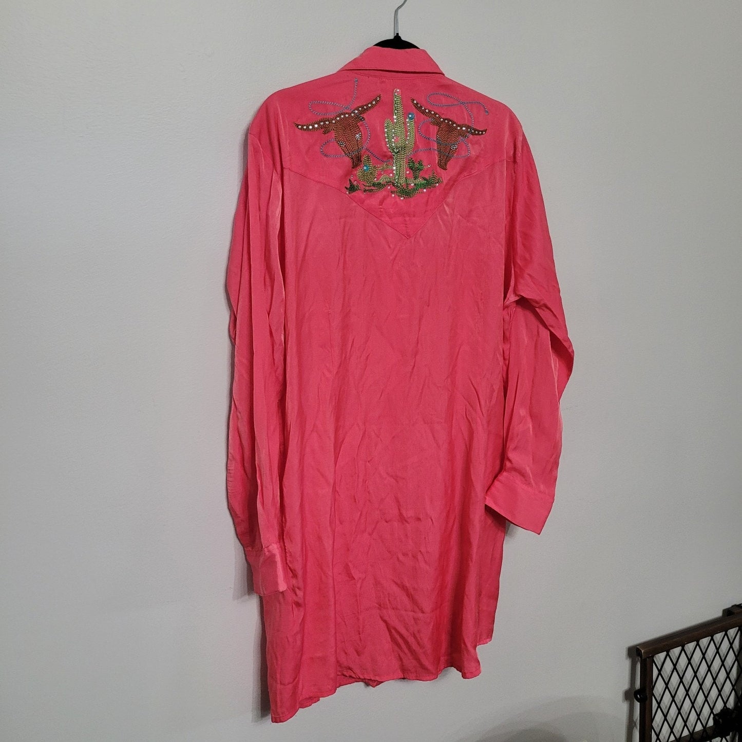 Vintage Wrangler Western Shirt Pink Embellished Longhorn Cactus Sequin Beaded