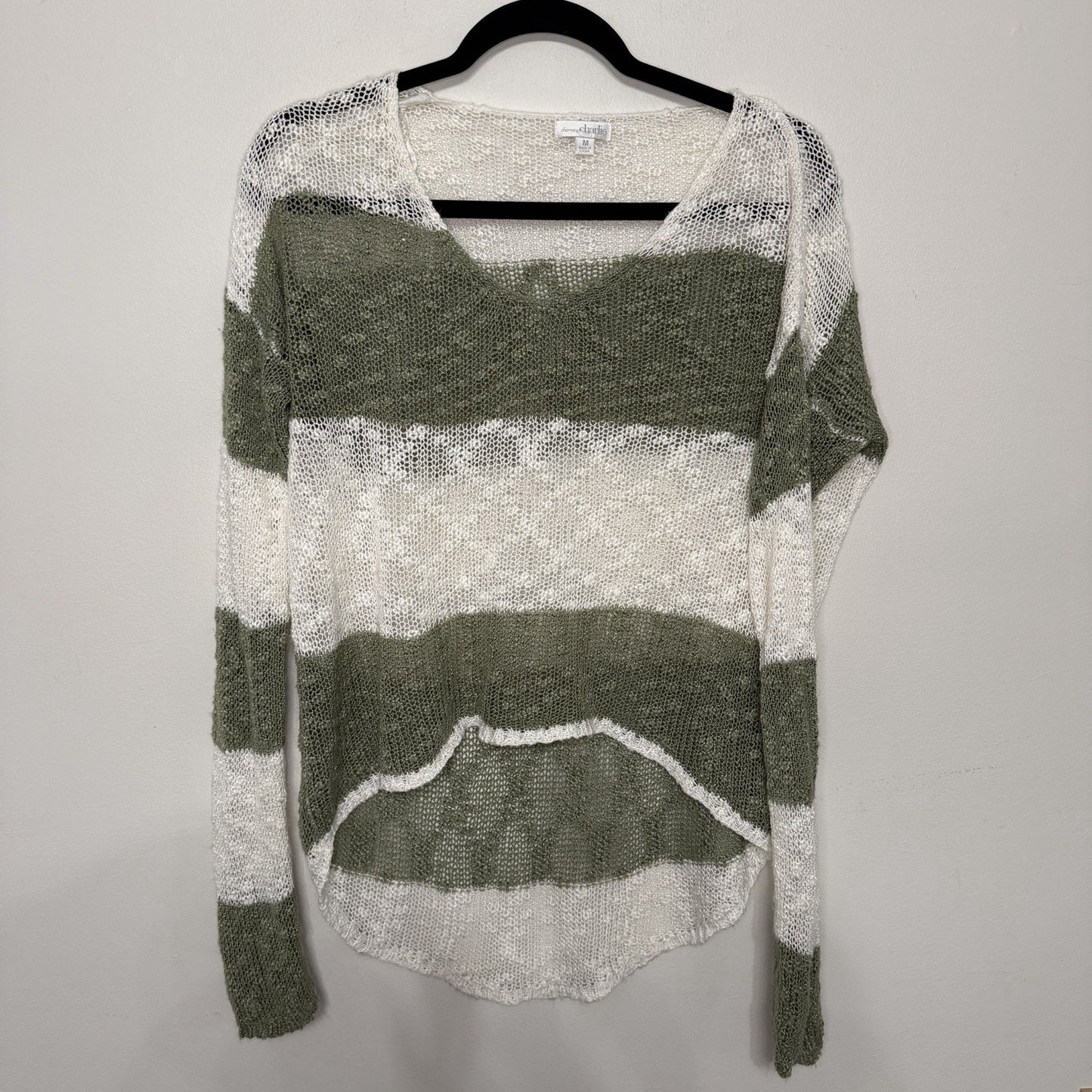 Charming Charlie Womens Medium Olive Green White Striped Open Knit Sweater