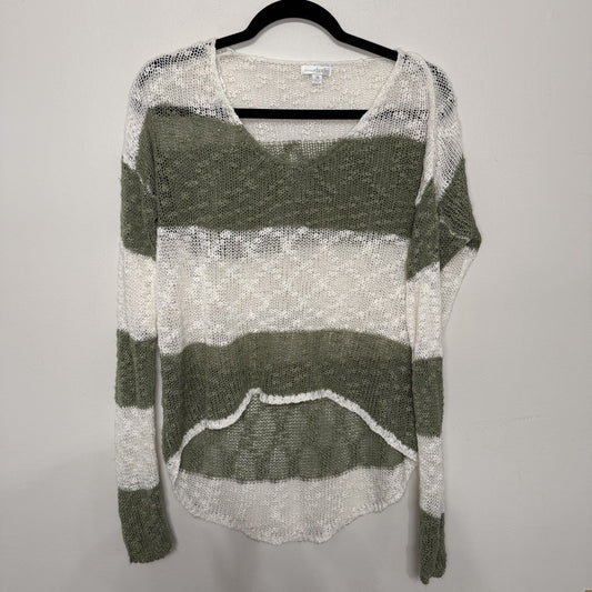 Charming Charlie Womens Medium Olive Green White Striped Open Knit Sweater