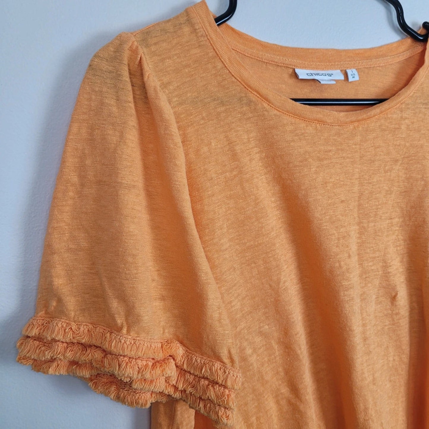 Chicos Size 1 Orange Fringe Sleeve Top