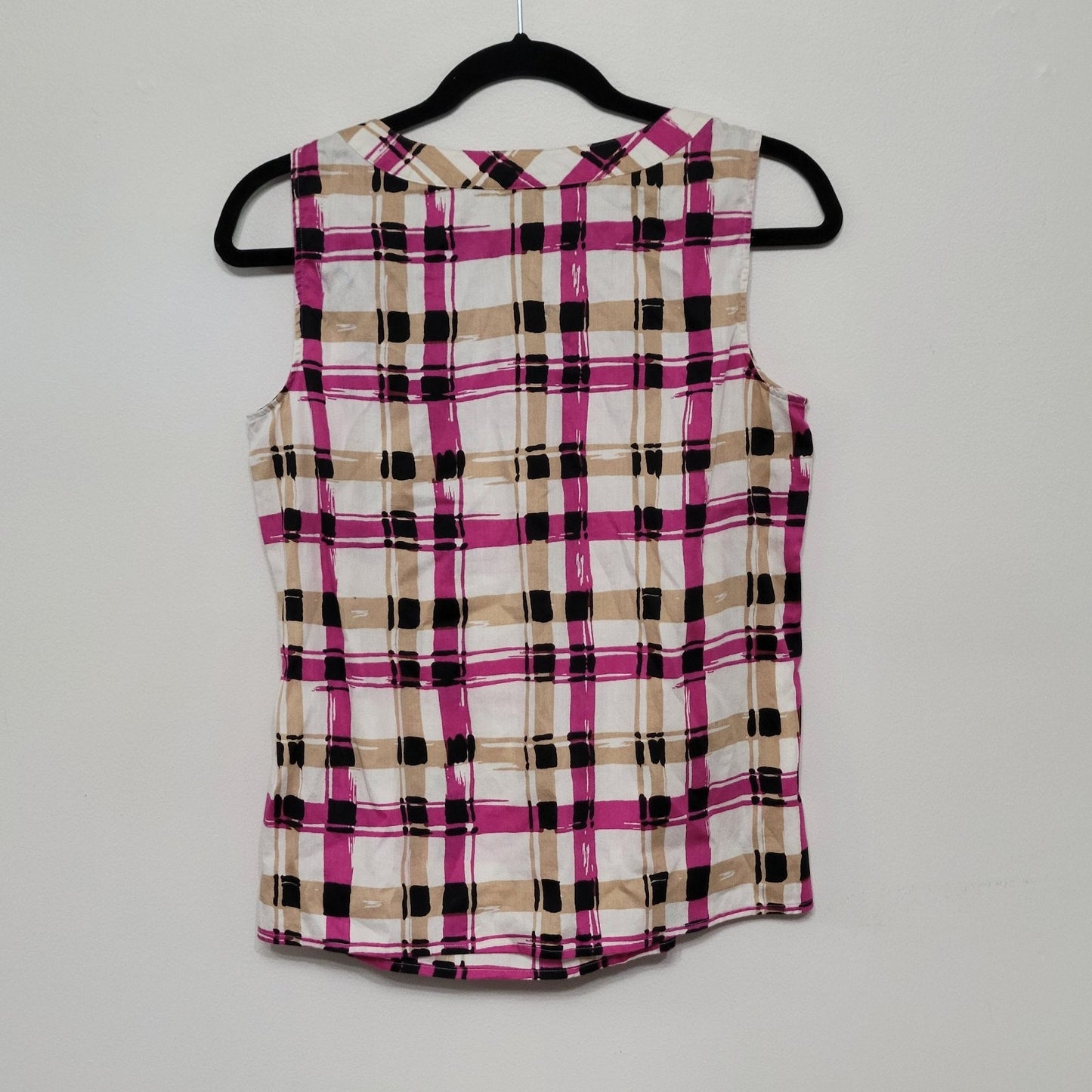 Talbots Sleeveless Tank Top 10P Purple Tan Black White Plaid Blouse