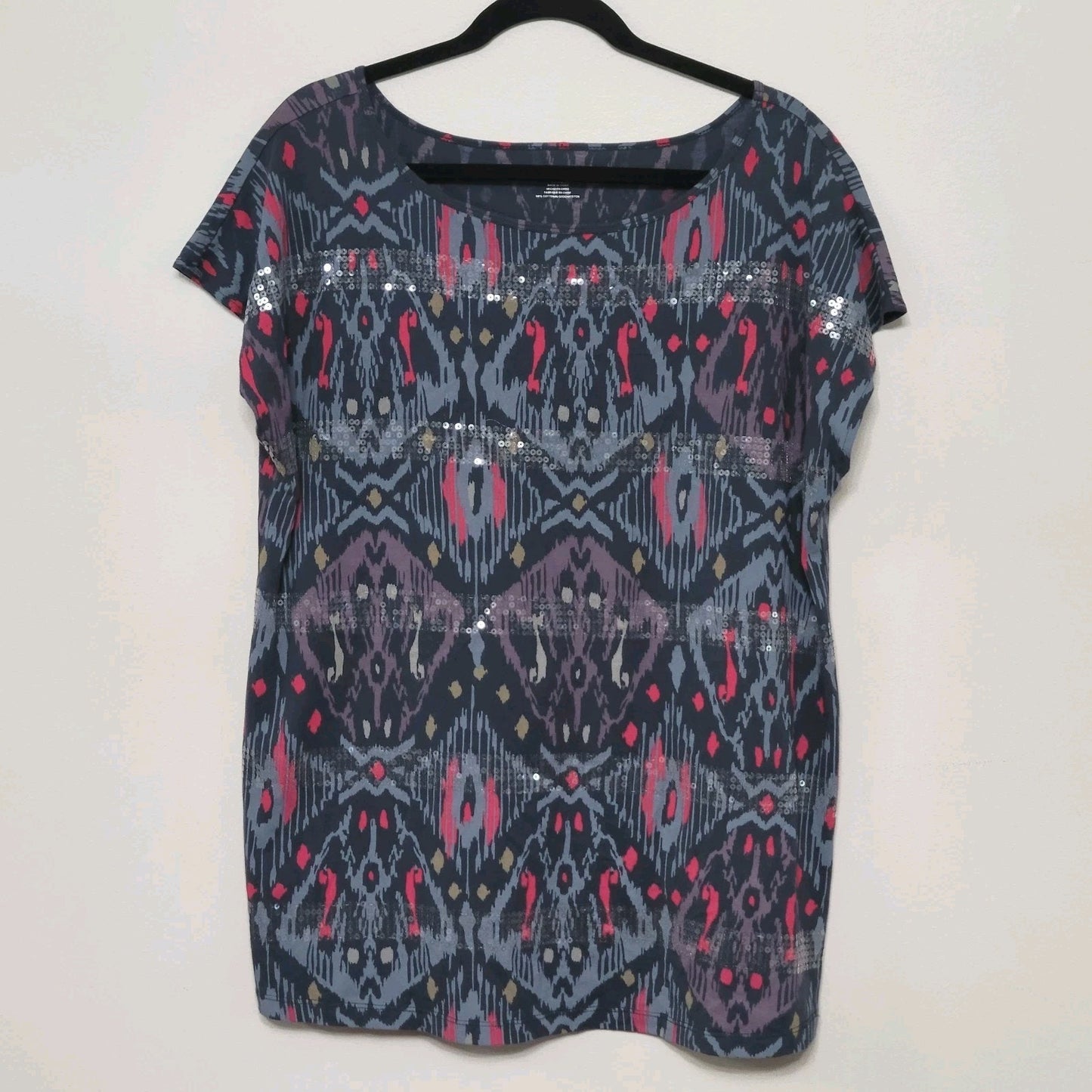 DKNY Jeans Print Top XL Gray Relaxed Fit Split Hem Boat Neck Sparkle