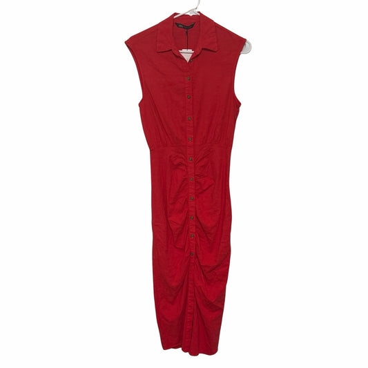 Zara Red Sleeveless Front Button Ruched Linen Blend Midi Dress Small NWT