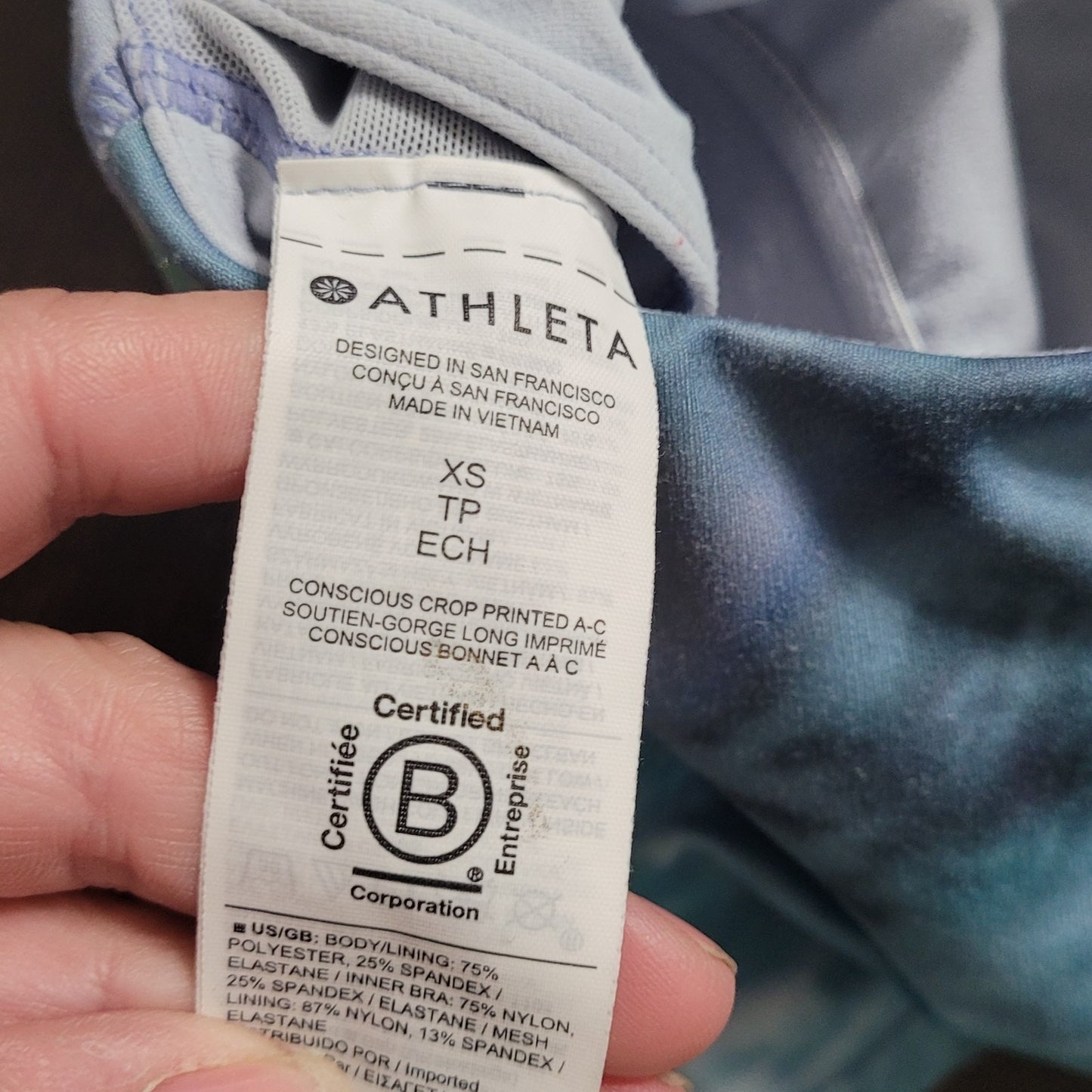 Athleta XS Conscious Crop Bra Solarize Chrome Blue Printed Padded Shelf Bra