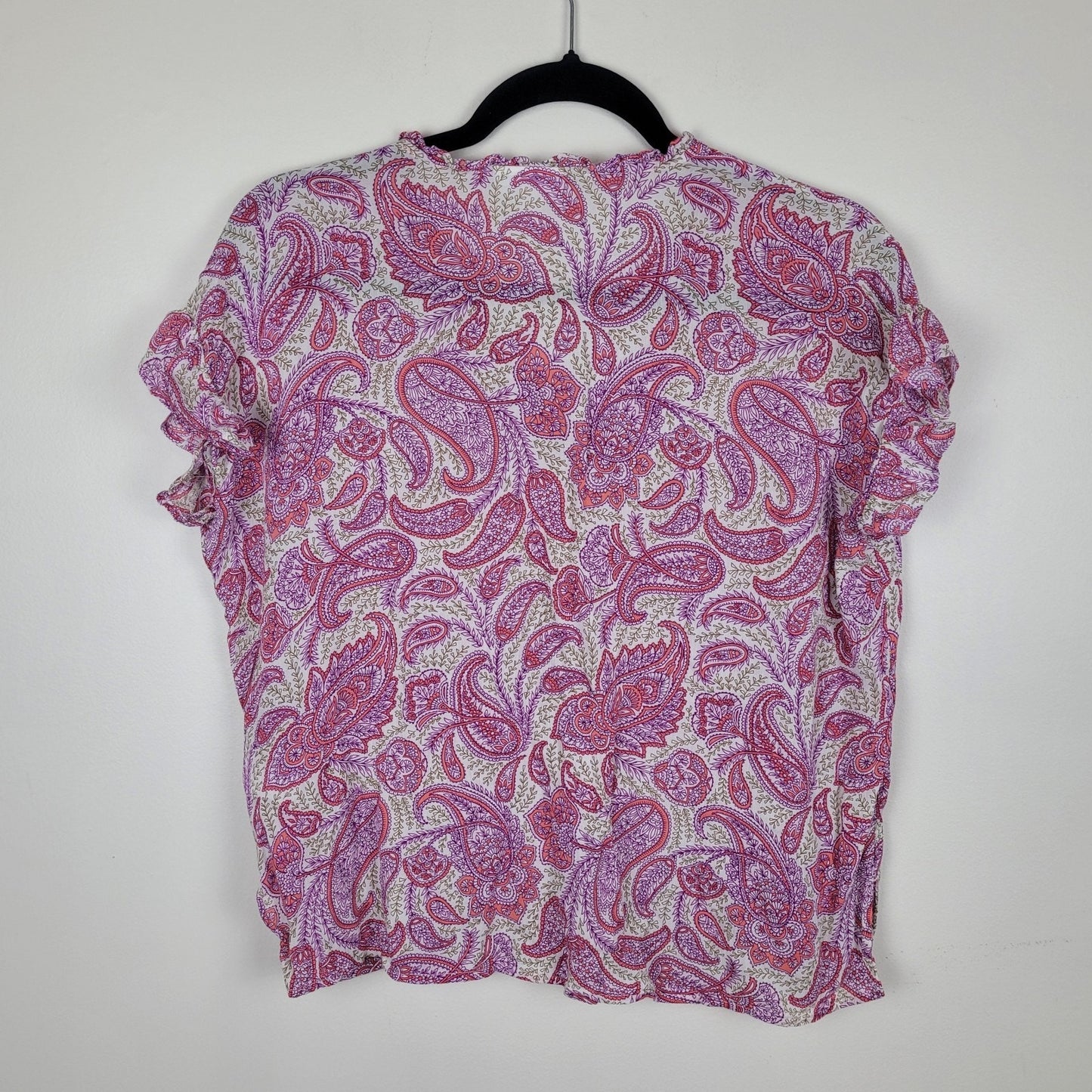 J.Jill Womens S Petite Blouse Pink Paisley Ruffle Short Sleeve Top