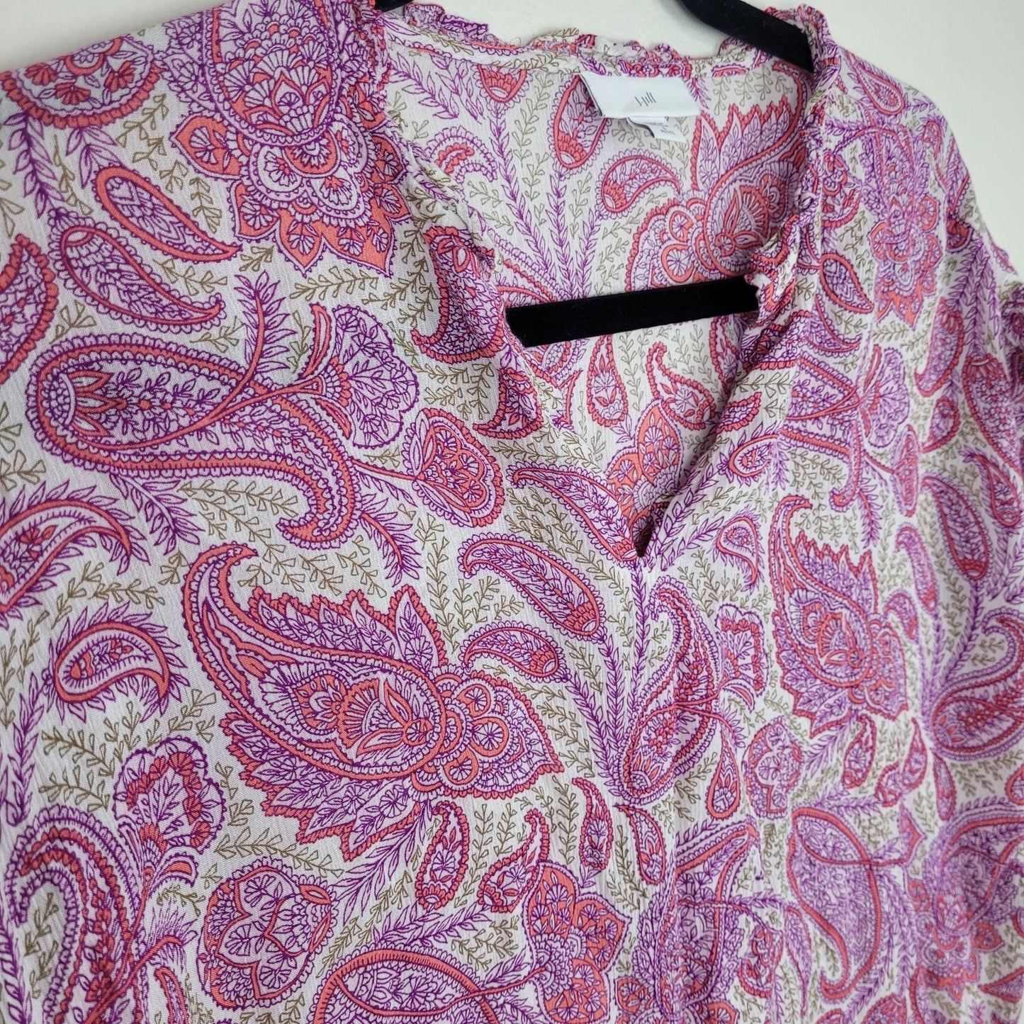 J.Jill Womens S Petite Blouse Pink Paisley Ruffle Short Sleeve Top