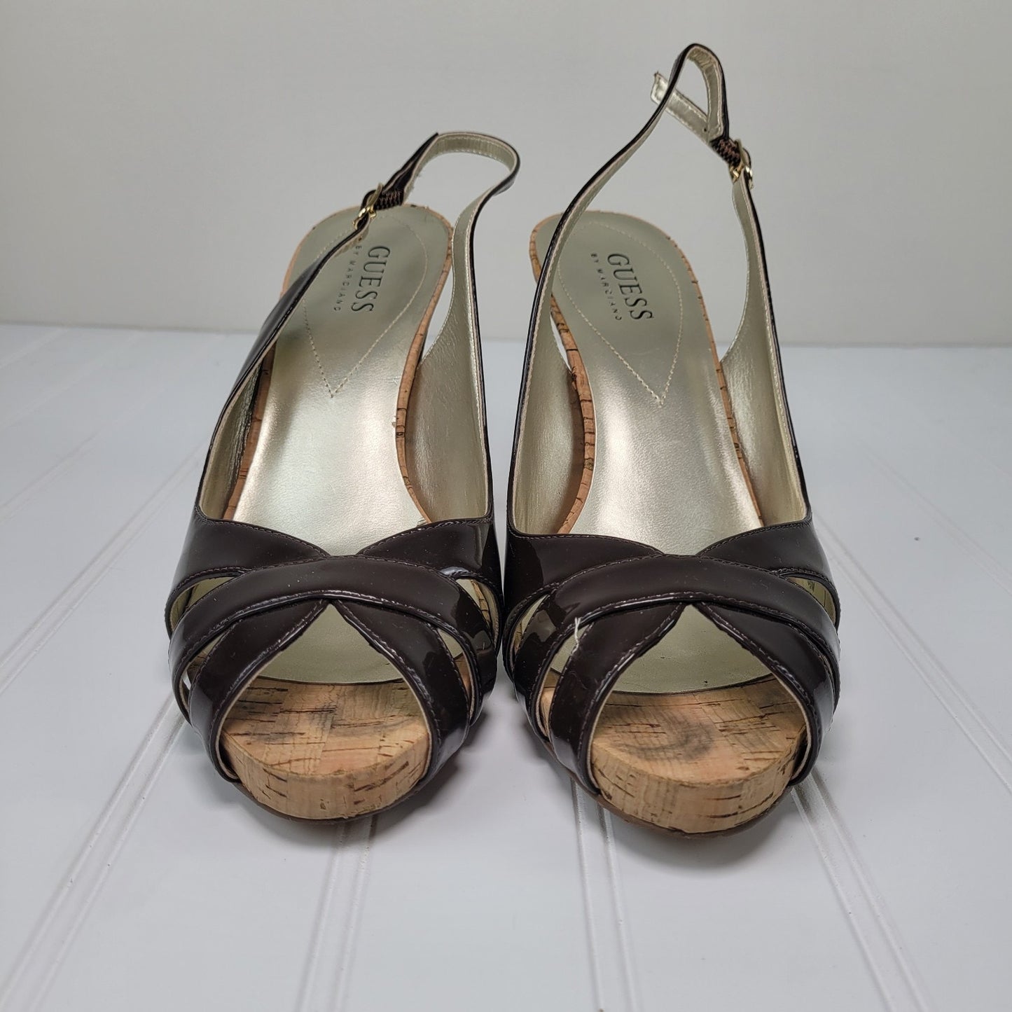 Guess by Marciano Womens 8.5M Slingback Heels Chocolate Brown Patent Leather