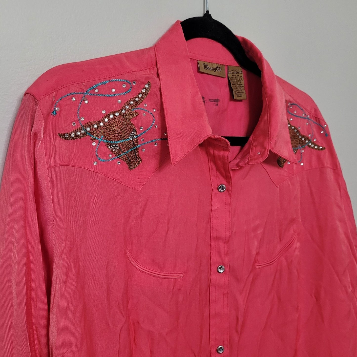 Vintage Wrangler Western Shirt Pink Embellished Longhorn Cactus Sequin Beaded