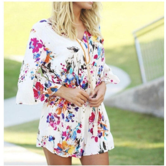 Umgee Women’s Small Floral Romper White Multicolor Boho Festival Outfit EUC