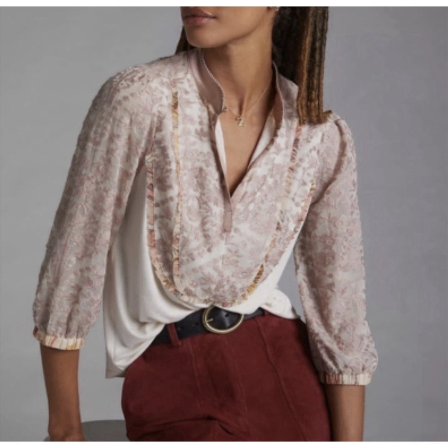 Tiny by Anthropologie Cream & Pink High Neck Lace Front Blouse Size Medium