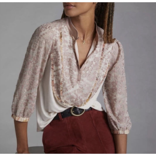 Tiny by Anthropologie Cream & Pink High Neck Lace Front Blouse Size Medium
