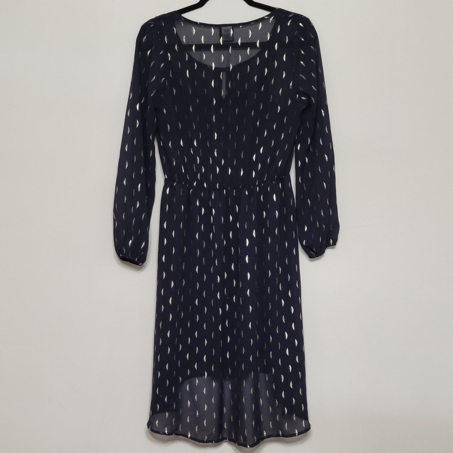 Bobeau Navy Gold Metallic Print A-Line Dress Medium Long Sleeve Boho