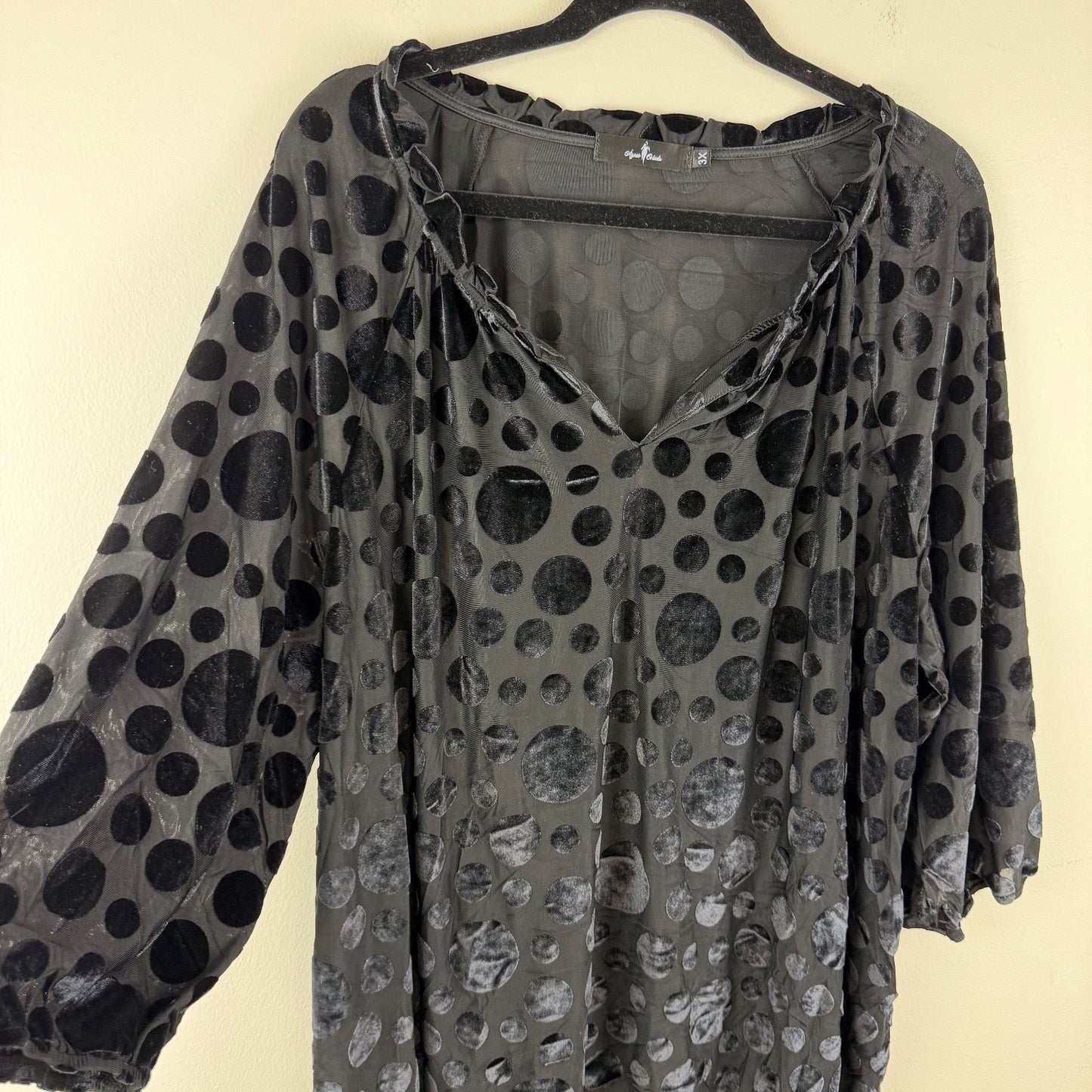 Agnes Orinda Women’s 3X Black Polka Dot Tunic Top Velvet Flock Surplice Sleeve