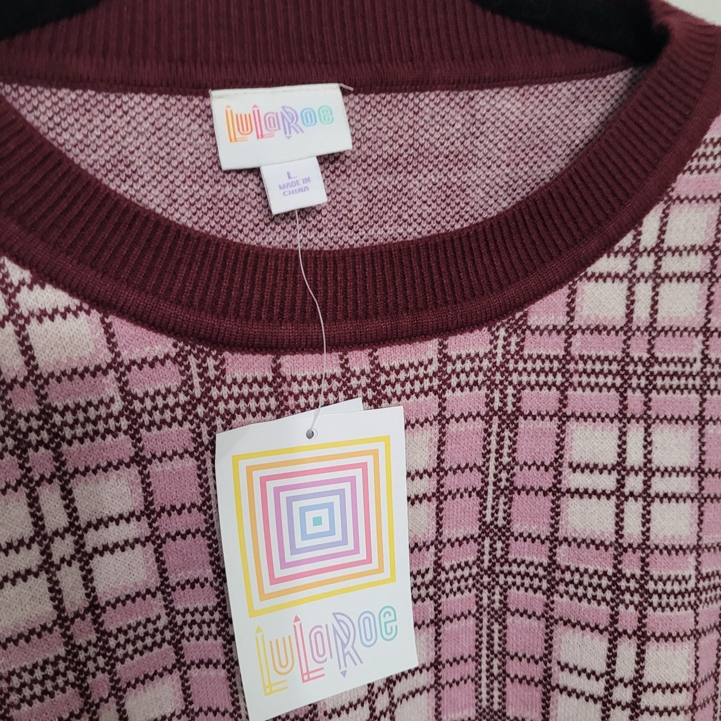 NWT LuLaRoe Women’s Large Piper Sweater Burgundy Plaid Balloon Sleeve